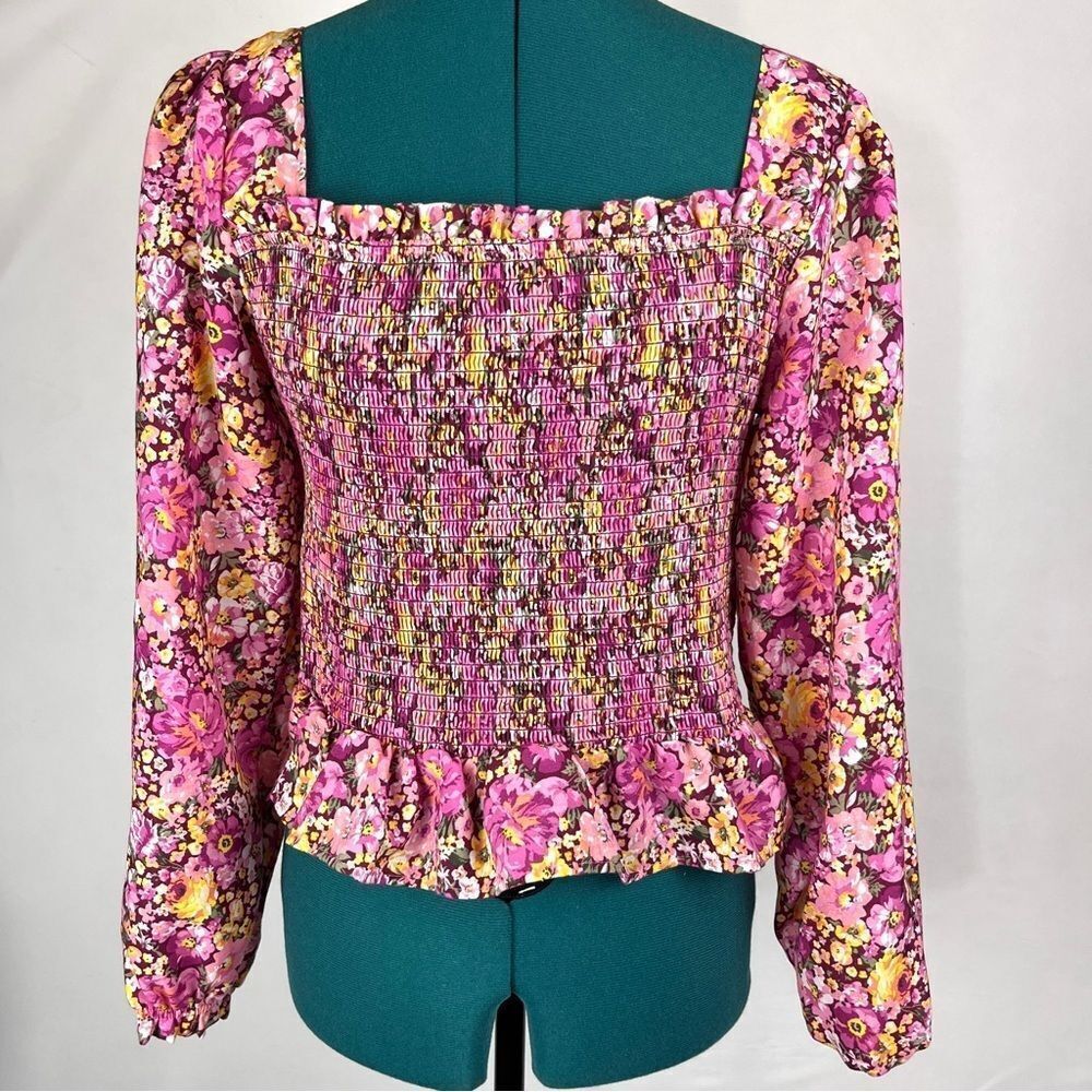Crystal Doll Smocked Bodice Floral Print Puff Sleeve Crop Top Elastic Cuff Large